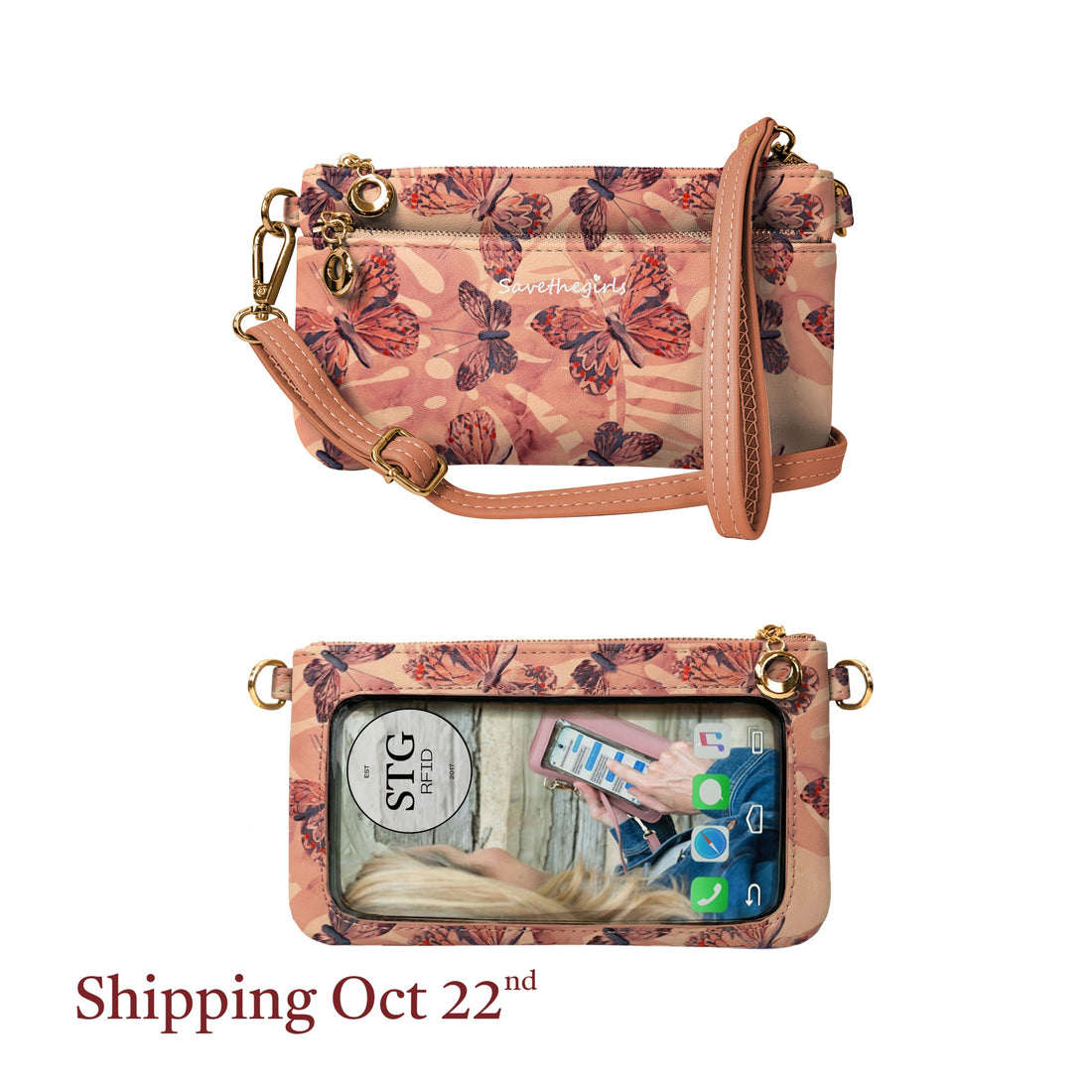 Bella RFID Touch Screen Purse in Butterfly, phone crossbody bag, RFID purse, crossbody wallet and phone purse
