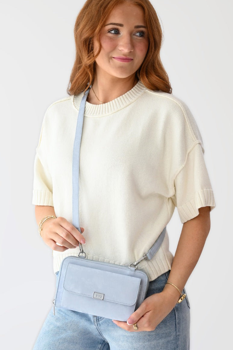 Captiva RFID Touch Screen Purse in light blue with adjustable crossbody strap