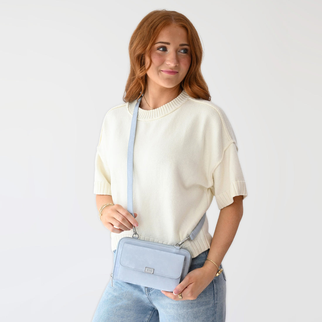 Captiva RFID Touch Screen Purse in light blue with adjustable crossbody strap