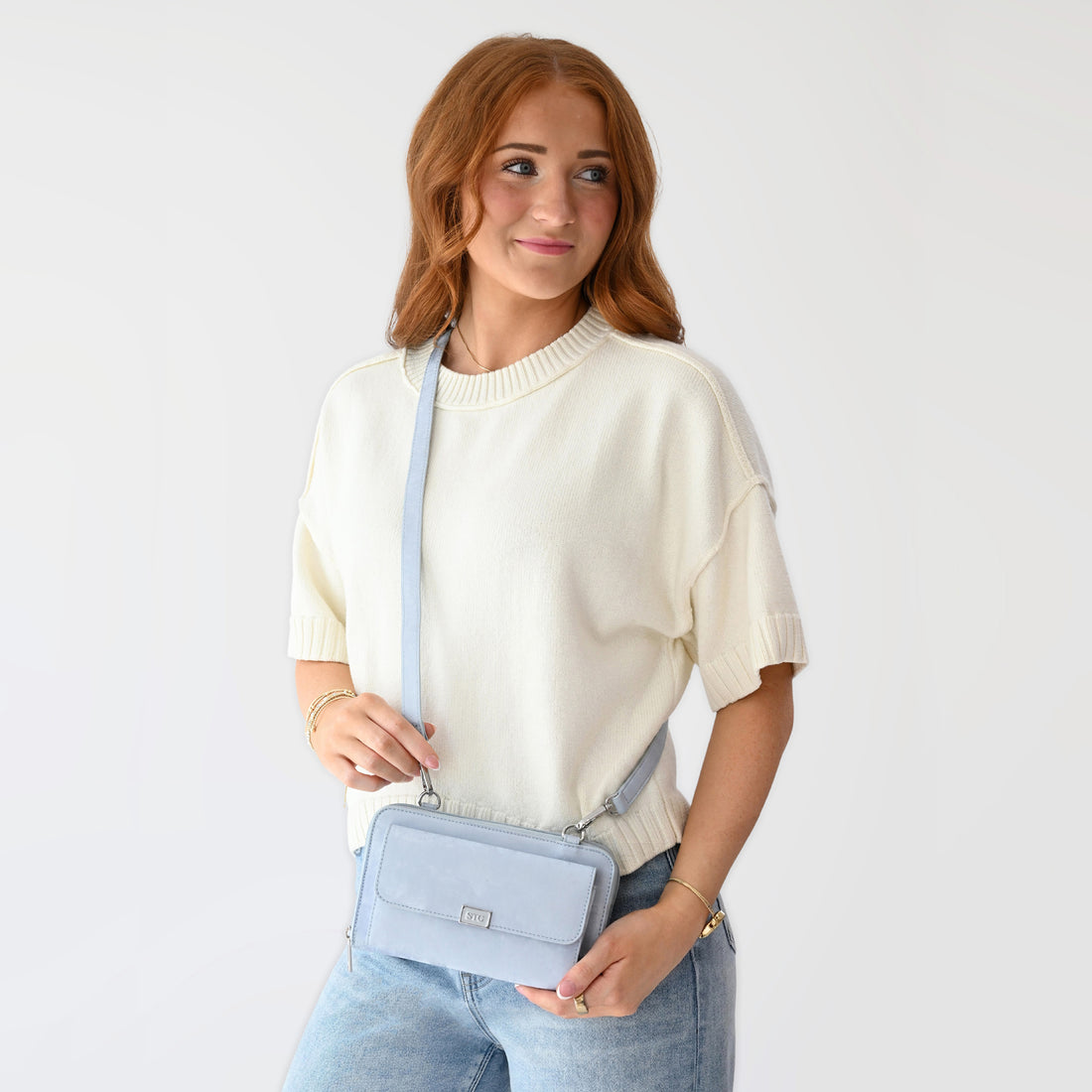 Captiva RFID Touch Screen Purse in light blue with adjustable crossbody strap