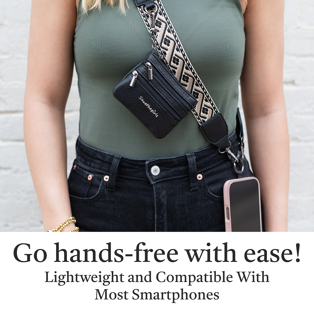 Clip & Go Strap with Zippered Pouch XOXO in Black, crossbody phone strap, phone strap with pouch, phone crossbody strap