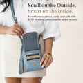 Free Spirit Touch Screen Purse in denim blue with card slots inside, crossbody phone purse, phone crossbody bag, cell phone purse, Save The Girls purse