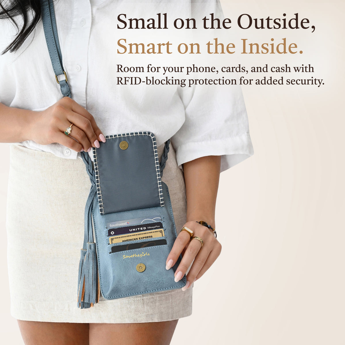 Free Spirit Touch Screen Purse in denim blue with card slots inside, crossbody phone purse, phone crossbody bag, cell phone purse, Save The Girls purse