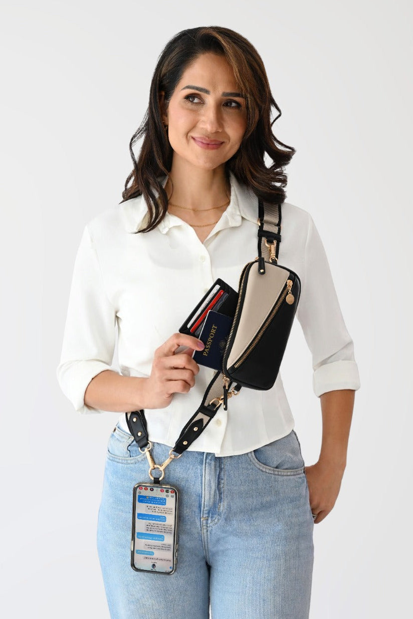 Clip & Go crossbody phone pouch with adjustable strap and removable card holder