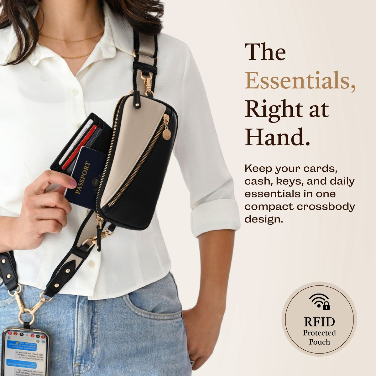 Nova Zip & Clip RFID Strap with RFID protected pouch, crossbody phone bag, RFID crossbody bag, phone crossbody strap