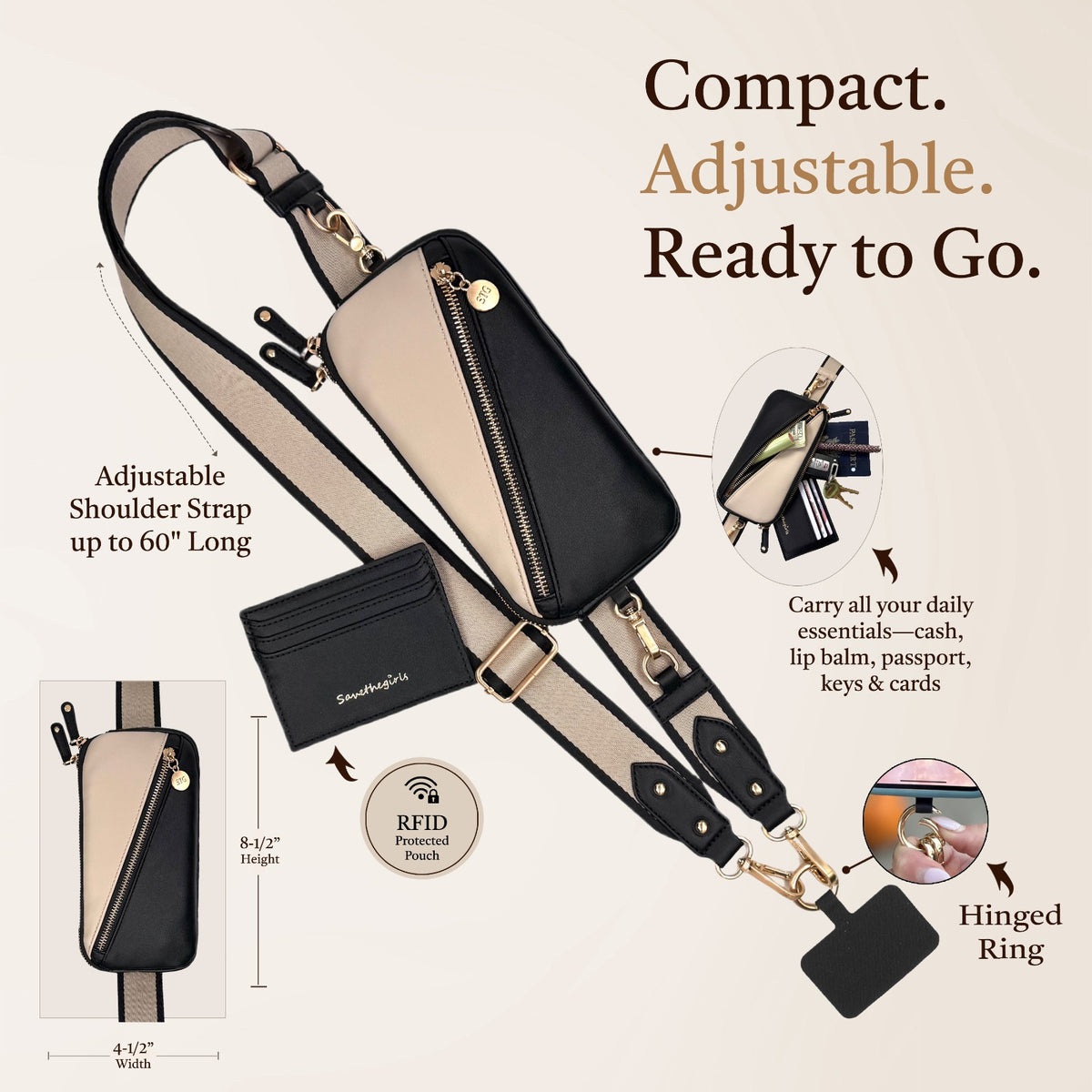 Nova Zip & Clip RFID Strap adjustable shoulder strap and pouch sizes, phone crossbody strap, crossbody phone wallet, phone pouch crossbody