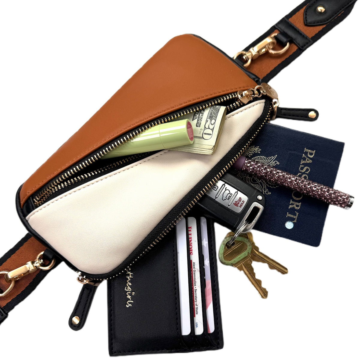 Clip & Go crossbody phone pouch with adjustable strap and removable card holder