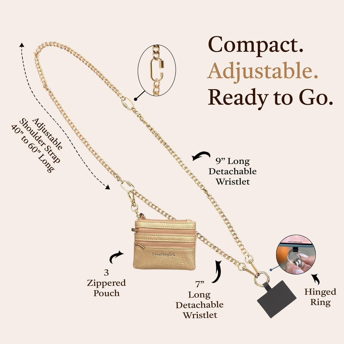 Clip & Go Chain with Zipper Pouch, crossbody phone chain, phone strap with pouch, phone lanyard