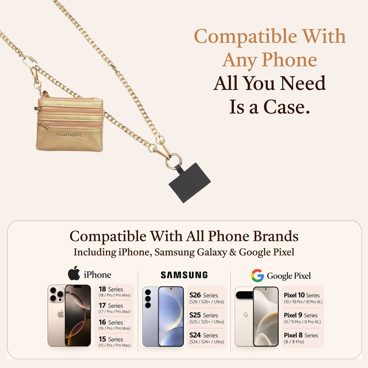 Clip & Go Chain with Zipper Pouch, phone chain strap, phone chain crossbody, phone strap with pouch