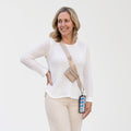 Clip & Go Strap with Pouch Neutral Collection in Taupe worn crossbody, phone crossbody strap, crossbody phone holder, cell phone lanyard