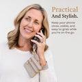 Clip & Go Strap with Pouch Neutral Collection in Taupe worn while on a call, crossbody phone holder, cell phone lanyard, crossbody phone wallet