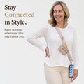 Clip & Go Strap with Pouch Neutral Collection in Taupe worn crossbody with phone, cell phone lanyard, crossbody phone wallet, crossbody phone strap