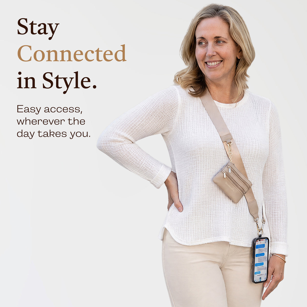 Clip & Go Strap with Pouch Neutral Collection in Taupe worn crossbody with phone, cell phone lanyard, crossbody phone wallet, crossbody phone strap