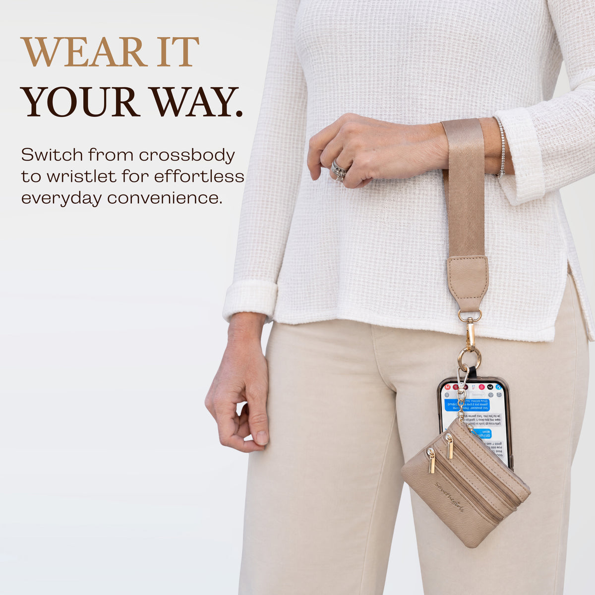 Clip & Go Strap with Pouch Neutral Collection worn as wristlet, crossbody phone wallet, crossbody phone strap, phone strap