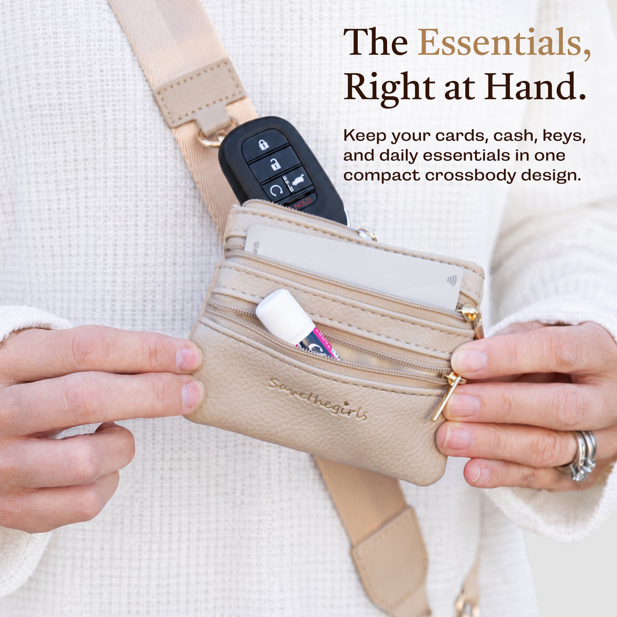 Clip & Go Strap with Pouch Neutral Collection in Taupe with cards and keys, crossbody phone strap, phone strap, phone lanyard crossbody, Save The Girls phone strap