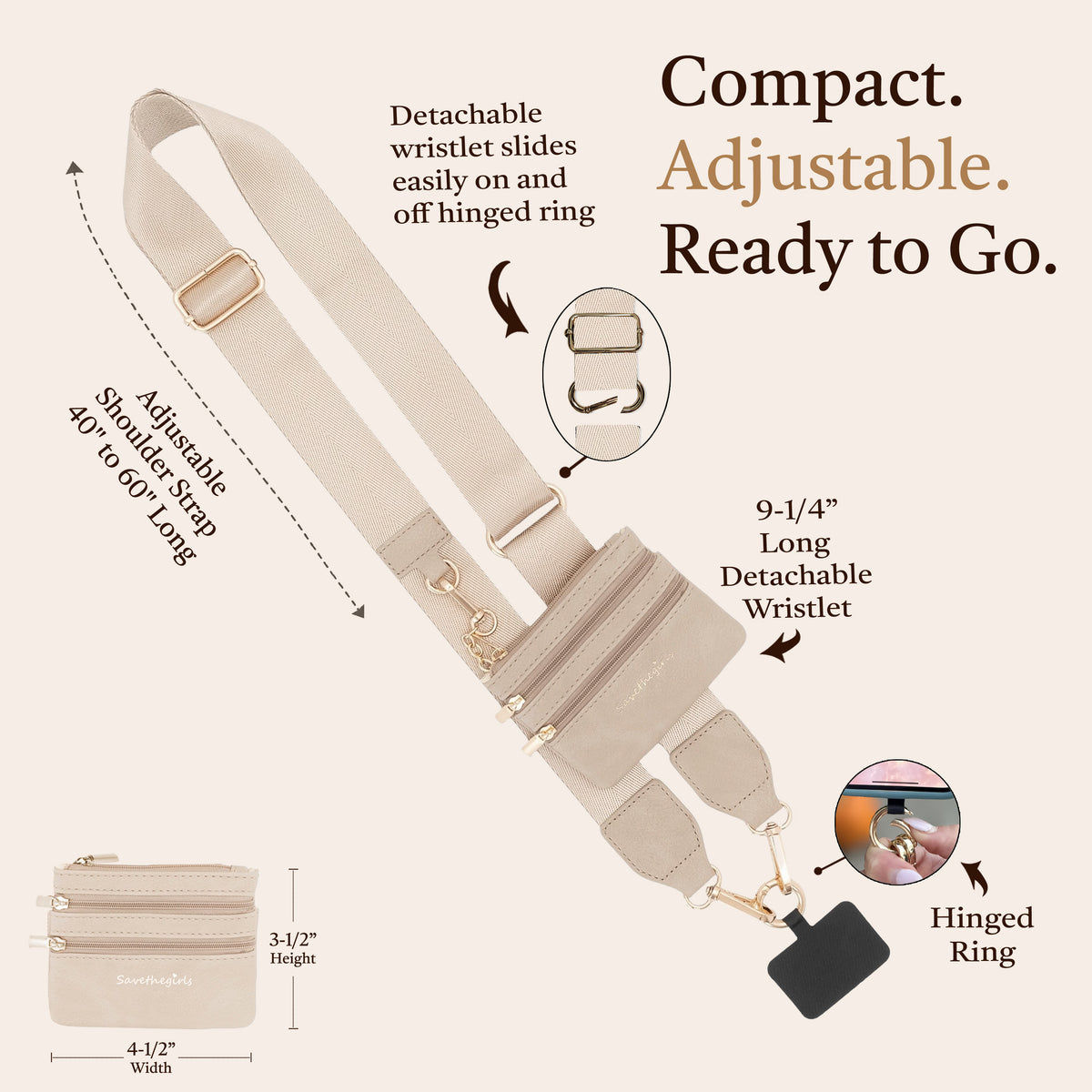 Clip & Go Strap with Pouch Neutral Collection adjustable strap and detachable wristlet, phone lanyard crossbody, phone strap with pouch, cell phone strap
