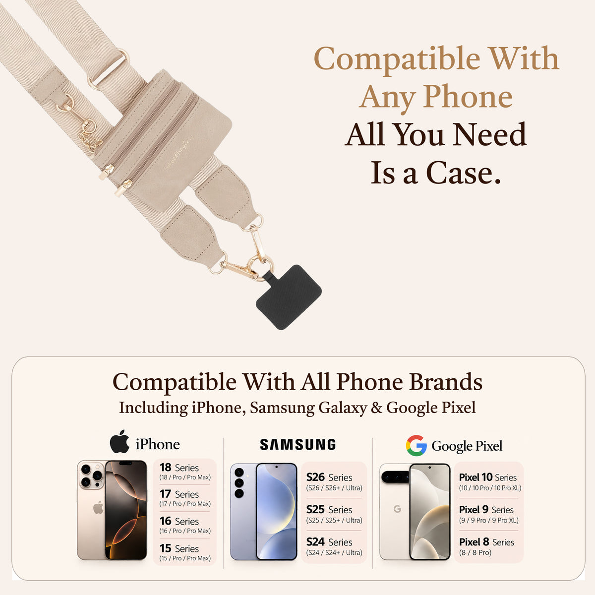 Clip & Go Strap with Pouch Neutral Collection phone card insert, compatible with any phone, phone strap, phone lanyard crossbody, phone strap with pouch
