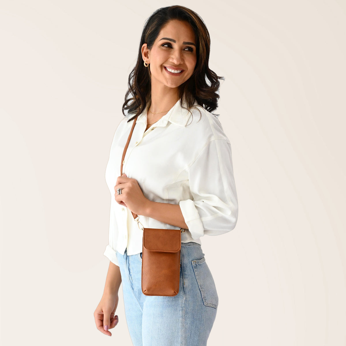 Swing Along Touch Screen Purse with Crossbody Strap in Cognac, crossbody phone purse, cell phone purse, phone pouch crossbody, Save The Girls purse