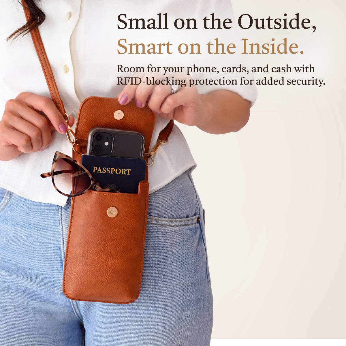 Swing Along Touch Screen Purse with passport and phone inside, cell phone purse, phone pouch crossbody, phone crossbody bag