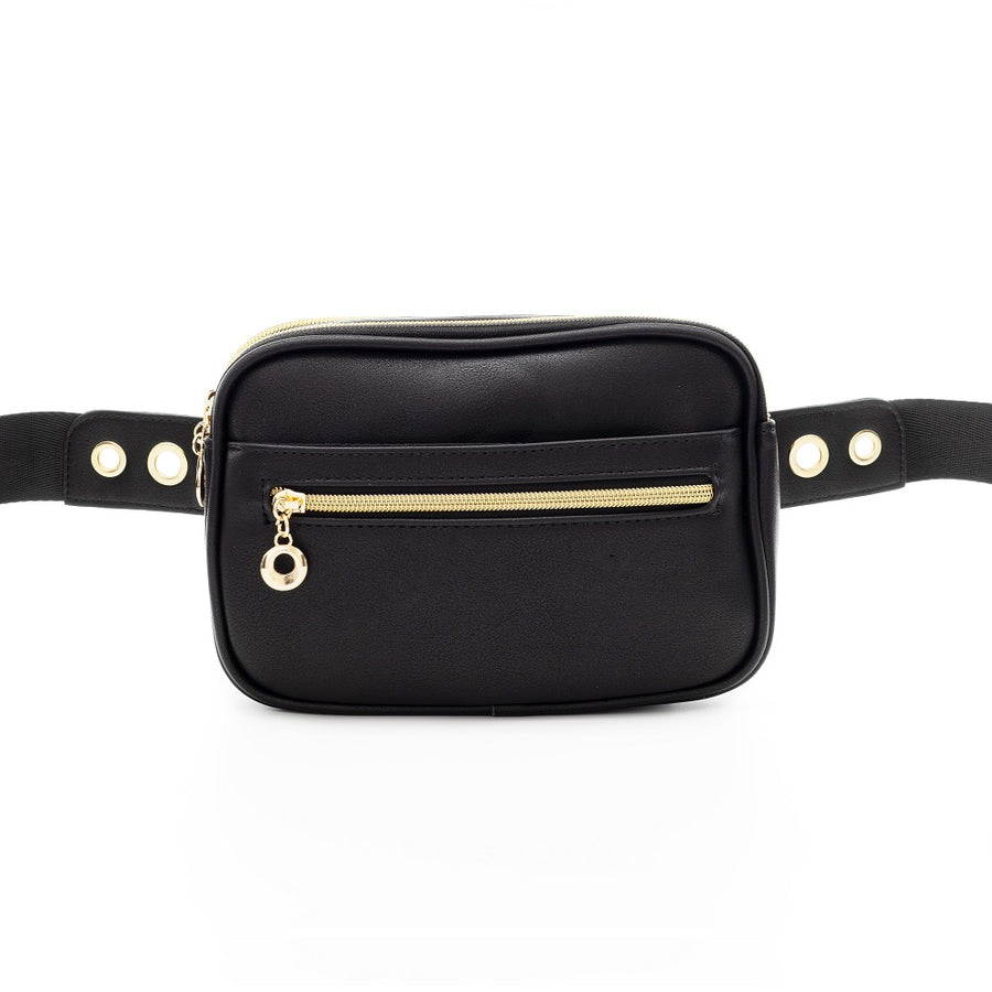 Black crossbody fanny pack with gold and adjustable strap