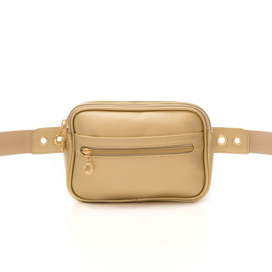 Gold crossbody with zipper pockets and adjustable strap