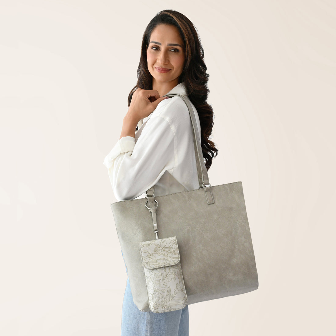 Floral Tote with Crossbody Strap in Light Grey, floral tote bag, tote bag with crossbody strap, laptop tote bag, Save The Girls