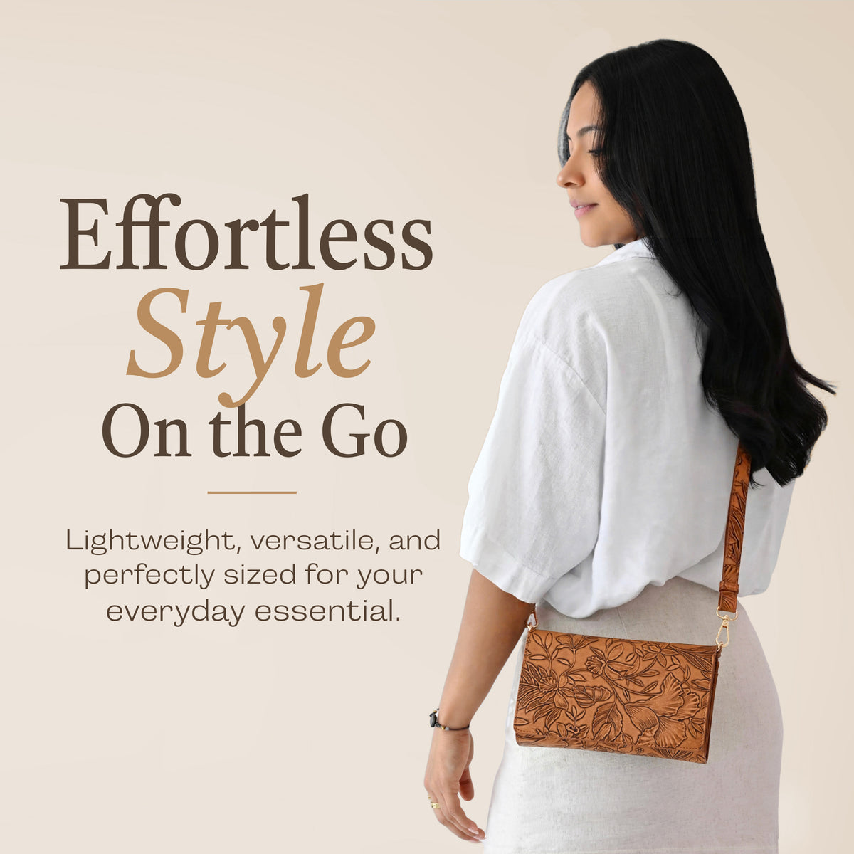 Vista Vail RFID Touch Screen Purse in tan tooled leather, phone holder purse, cell phone wallet purse, RFID crossbody bag