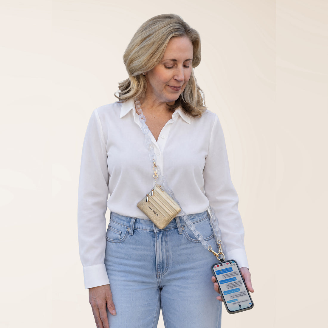 Clip & Go Ice Chain with Pouch in White Chain with Golden Pouch, crossbody phone chain, phone chain strap, phone chain crossbody, Save The Girls phone strap