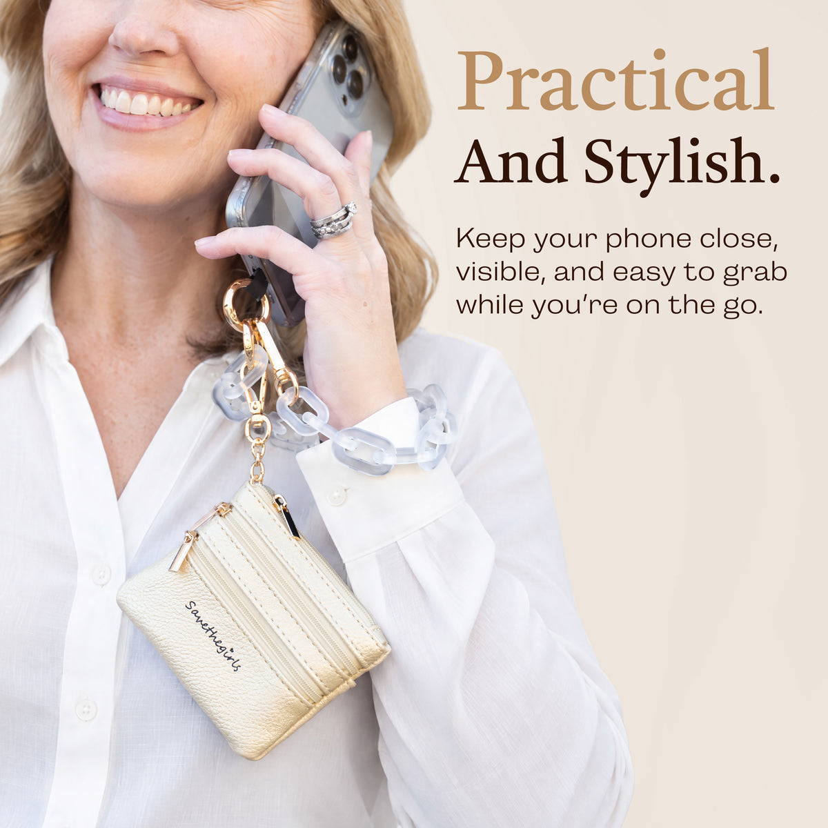 Clip & Go Ice Chain with Pouch worn crossbody while on a call, crossbody phone chain, phone chain strap, phone chain crossbody