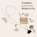 Clip & Go Ice Chain with Pouch adjustable length, detachable wristlet and 3-zippered pouch, phone strap with pouch, phone charm strap, phone lanyard