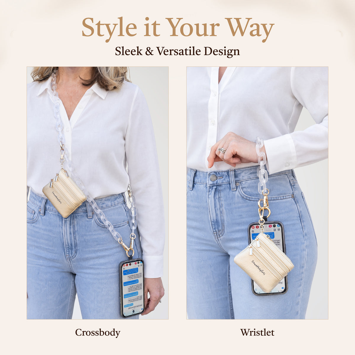 Clip & Go Ice Chain with Pouch worn crossbody and as wristlet, phone charm strap, phone lanyard, chain phone strap