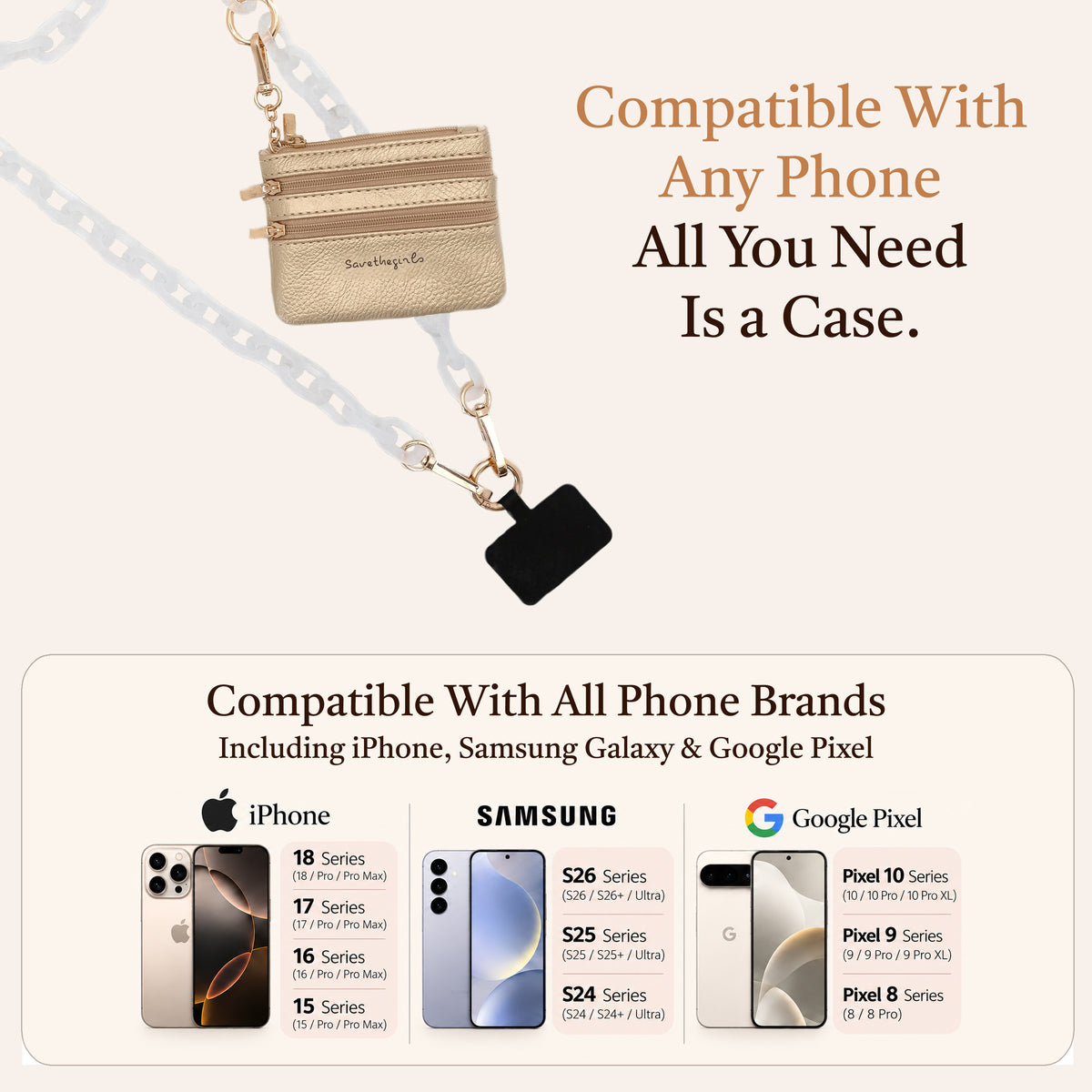 Clip & Go Ice Chain with Pouch phone card insert, compatible with any phone, phone chain strap, phone chain crossbody, phone strap with pouch