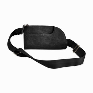 black crossbody fanny pack that is on a swivel so you can wear it whichever way you want. Very simple, sleek and modern. 