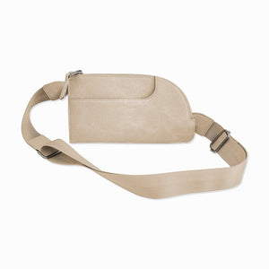 Tan Sling Bag that can be used as a crossbody or fanny pack. Simple design with credit card pockets and an adjustable strap. 