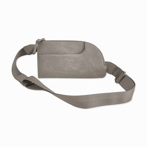 This crossbody fanny pack is grey and on a swivel. The swivel allows you to wear the bag whichever way you wish. 